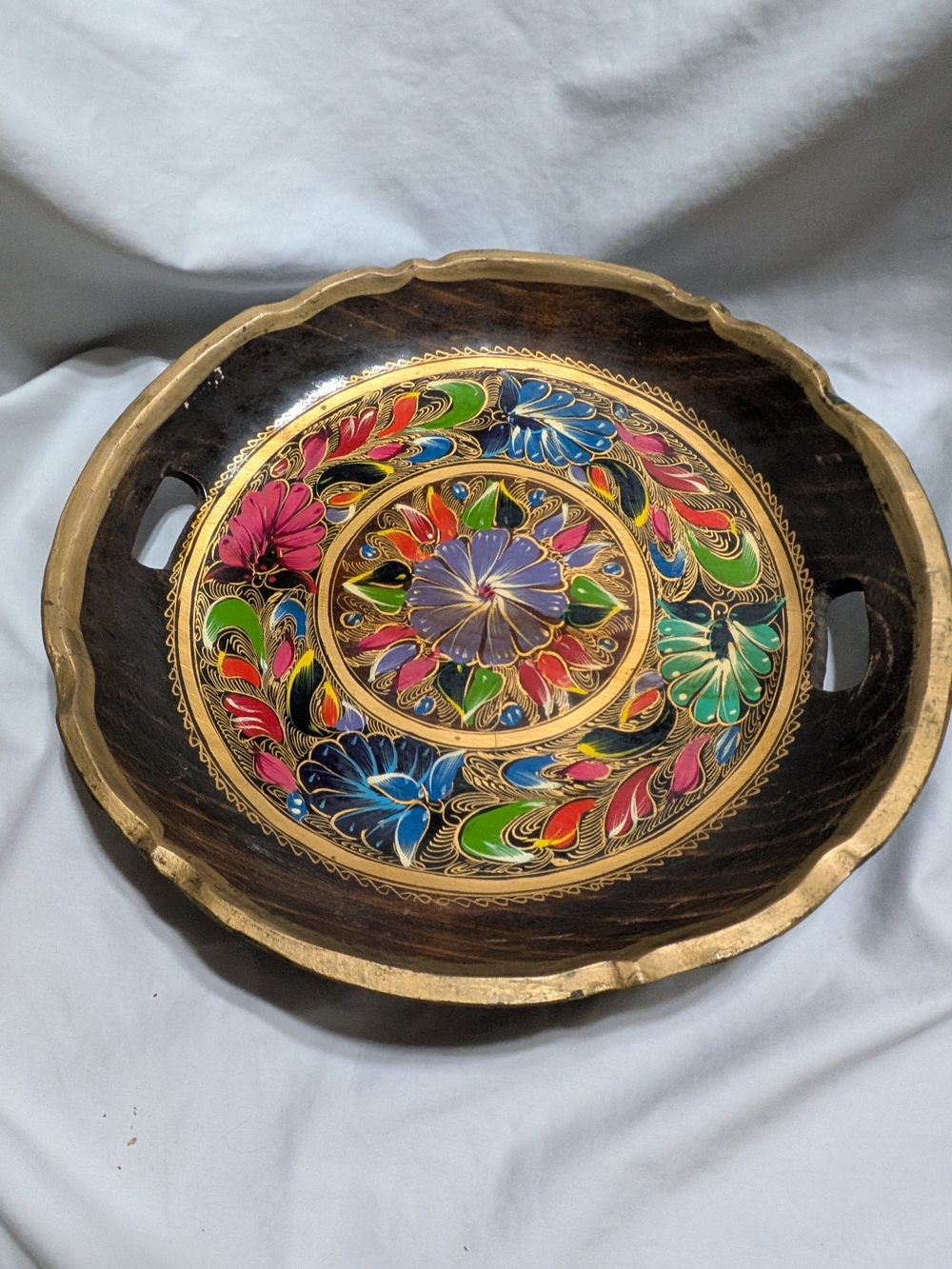 Vintage Solid Wood Hand‑Painted Floral Tray – 14” – Boho Cottagecore